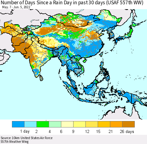 Asia Number of Days Since a Rain Day in past 30 days (USAF 557th WW) Thematic Map For 6/1/2022 - 6/5/2022