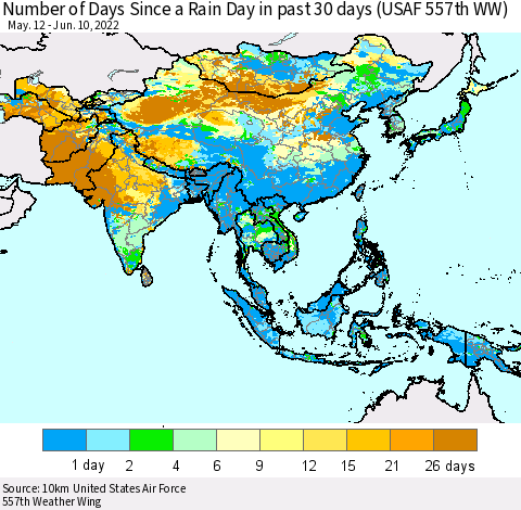 Asia Number of Days Since a Rain Day in past 30 days (USAF 557th WW) Thematic Map For 6/6/2022 - 6/10/2022
