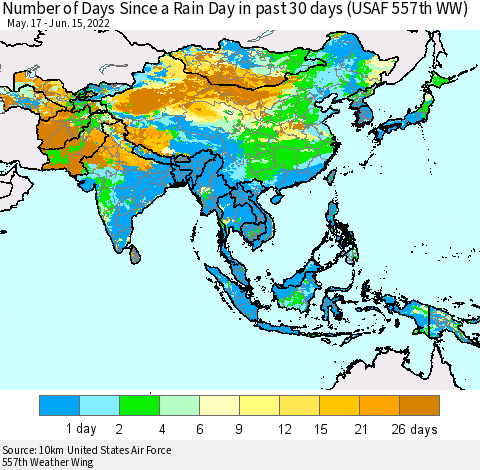 Asia Number of Days Since a Rain Day in past 30 days (USAF 557th WW) Thematic Map For 6/11/2022 - 6/15/2022