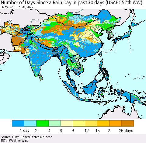 Asia Number of Days Since a Rain Day in past 30 days (USAF 557th WW) Thematic Map For 6/16/2022 - 6/20/2022