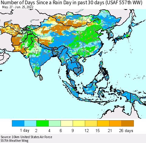 Asia Number of Days Since a Rain Day in past 30 days (USAF 557th WW) Thematic Map For 6/21/2022 - 6/25/2022
