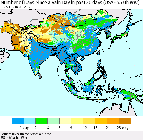 Asia Number of Days Since a Rain Day in past 30 days (USAF 557th WW) Thematic Map For 6/26/2022 - 6/30/2022