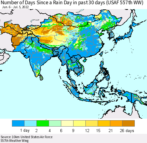 Asia Number of Days Since a Rain Day in past 30 days (USAF 557th WW) Thematic Map For 7/1/2022 - 7/5/2022