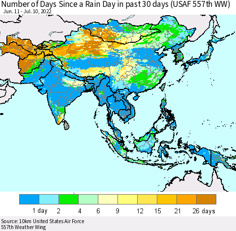 Asia Number of Days Since a Rain Day in past 30 days (USAF 557th WW) Thematic Map For 7/6/2022 - 7/10/2022