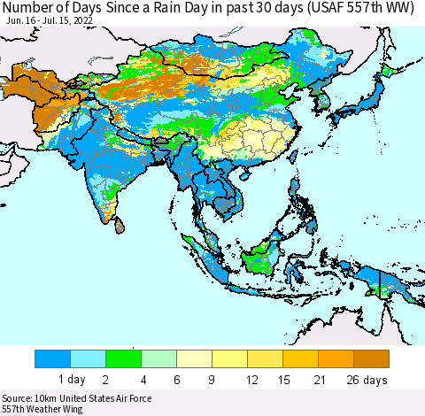 Asia Number of Days Since a Rain Day in past 30 days (USAF 557th WW) Thematic Map For 7/11/2022 - 7/15/2022