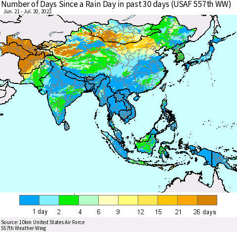 Asia Number of Days Since a Rain Day in past 30 days (USAF 557th WW) Thematic Map For 7/16/2022 - 7/20/2022
