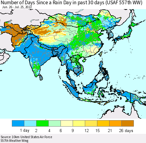 Asia Number of Days Since a Rain Day in past 30 days (USAF 557th WW) Thematic Map For 7/21/2022 - 7/25/2022