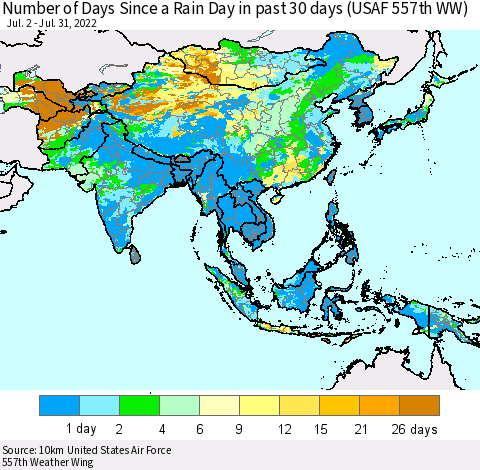 Asia Number of Days Since a Rain Day in past 30 days (USAF 557th WW) Thematic Map For 7/26/2022 - 7/31/2022