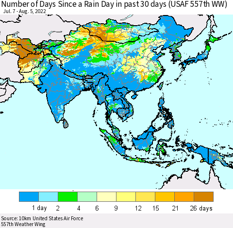 Asia Number of Days Since a Rain Day in past 30 days (USAF 557th WW) Thematic Map For 8/1/2022 - 8/5/2022