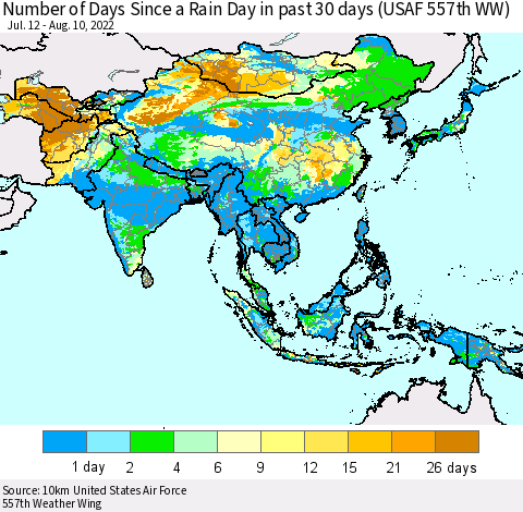 Asia Number of Days Since a Rain Day in past 30 days (USAF 557th WW) Thematic Map For 8/6/2022 - 8/10/2022