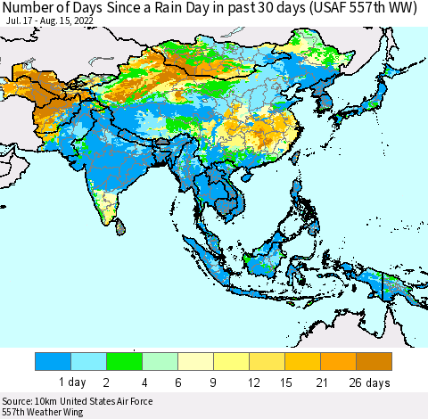 Asia Number of Days Since a Rain Day in past 30 days (USAF 557th WW) Thematic Map For 8/11/2022 - 8/15/2022