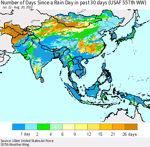 Asia Number of Days Since a Rain Day in past 30 days (USAF 557th WW) Thematic Map For 8/16/2022 - 8/20/2022