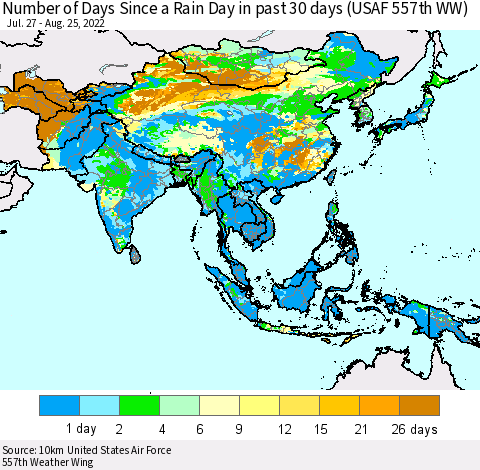 Asia Number of Days Since a Rain Day in past 30 days (USAF 557th WW) Thematic Map For 8/21/2022 - 8/25/2022