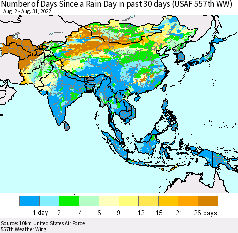 Asia Number of Days Since a Rain Day in past 30 days (USAF 557th WW) Thematic Map For 8/26/2022 - 8/31/2022