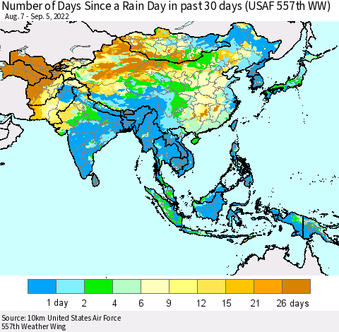 Asia Number of Days Since a Rain Day in past 30 days (USAF 557th WW) Thematic Map For 9/1/2022 - 9/5/2022