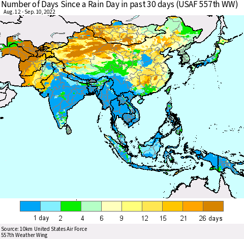 Asia Number of Days Since a Rain Day in past 30 days (USAF 557th WW) Thematic Map For 9/6/2022 - 9/10/2022