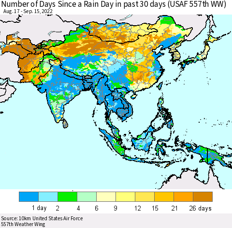 Asia Number of Days Since a Rain Day in past 30 days (USAF 557th WW) Thematic Map For 9/11/2022 - 9/15/2022