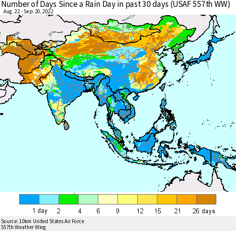 Asia Number of Days Since a Rain Day in past 30 days (USAF 557th WW) Thematic Map For 9/16/2022 - 9/20/2022