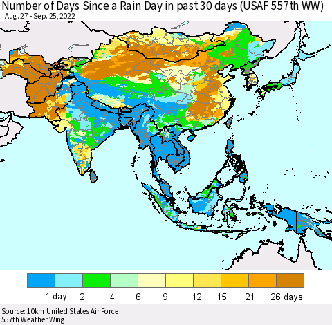 Asia Number of Days Since a Rain Day in past 30 days (USAF 557th WW) Thematic Map For 9/21/2022 - 9/25/2022