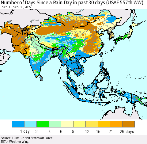 Asia Number of Days Since a Rain Day in past 30 days (USAF 557th WW) Thematic Map For 9/26/2022 - 9/30/2022