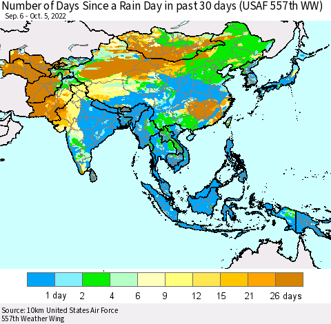 Asia Number of Days Since a Rain Day in past 30 days (USAF 557th WW) Thematic Map For 10/1/2022 - 10/5/2022