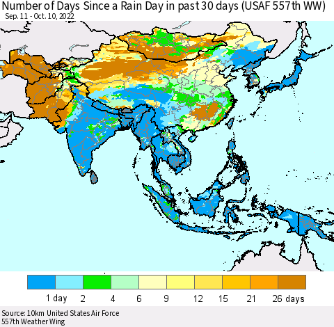 Asia Number of Days Since a Rain Day in past 30 days (USAF 557th WW) Thematic Map For 10/6/2022 - 10/10/2022