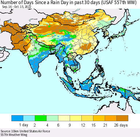 Asia Number of Days Since a Rain Day in past 30 days (USAF 557th WW) Thematic Map For 10/11/2022 - 10/15/2022