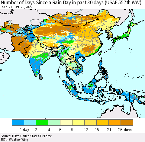 Asia Number of Days Since a Rain Day in past 30 days (USAF 557th WW) Thematic Map For 10/16/2022 - 10/20/2022