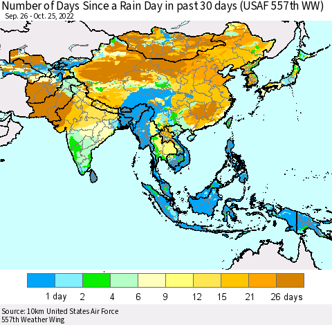 Asia Number of Days Since a Rain Day in past 30 days (USAF 557th WW) Thematic Map For 10/21/2022 - 10/25/2022