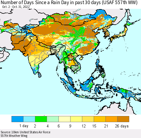 Asia Number of Days Since a Rain Day in past 30 days (USAF 557th WW) Thematic Map For 10/26/2022 - 10/31/2022