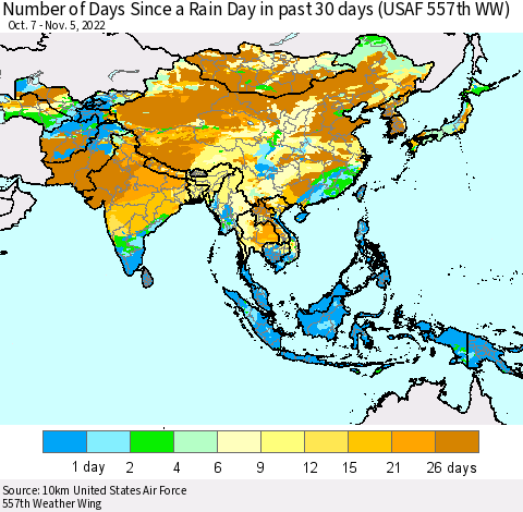 Asia Number of Days Since a Rain Day in past 30 days (USAF 557th WW) Thematic Map For 11/1/2022 - 11/5/2022