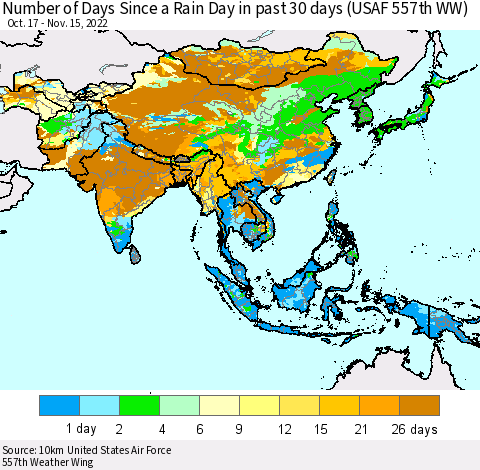 Asia Number of Days Since a Rain Day in past 30 days (USAF 557th WW) Thematic Map For 11/11/2022 - 11/15/2022