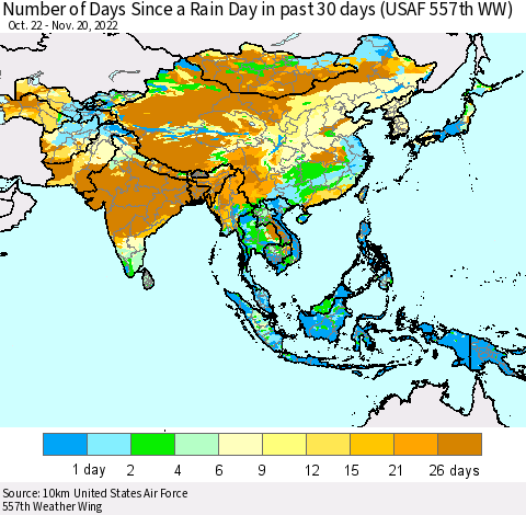 Asia Number of Days Since a Rain Day in past 30 days (USAF 557th WW) Thematic Map For 11/16/2022 - 11/20/2022