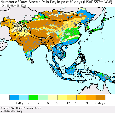 Asia Number of Days Since a Rain Day in past 30 days (USAF 557th WW) Thematic Map For 11/21/2022 - 11/25/2022