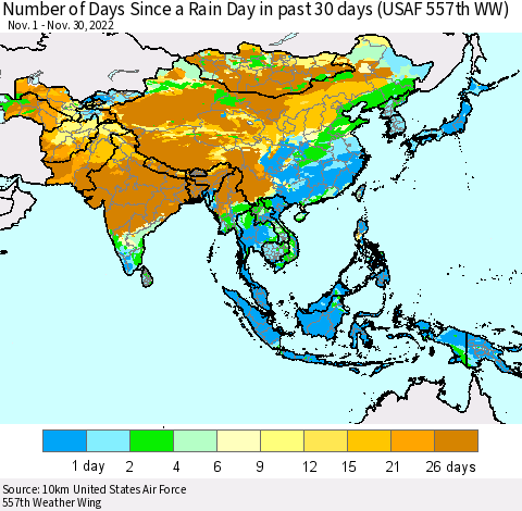 Asia Number of Days Since a Rain Day in past 30 days (USAF 557th WW) Thematic Map For 11/26/2022 - 11/30/2022