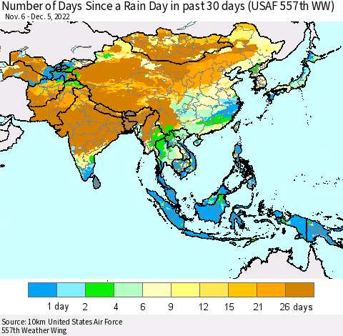 Asia Number of Days Since a Rain Day in past 30 days (USAF 557th WW) Thematic Map For 12/1/2022 - 12/5/2022