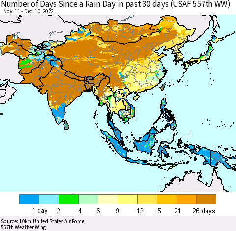 Asia Number of Days Since a Rain Day in past 30 days (USAF 557th WW) Thematic Map For 12/6/2022 - 12/10/2022