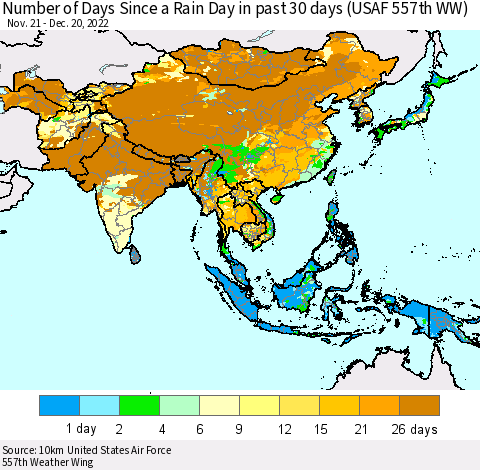 Asia Number of Days Since a Rain Day in past 30 days (USAF 557th WW) Thematic Map For 12/16/2022 - 12/20/2022