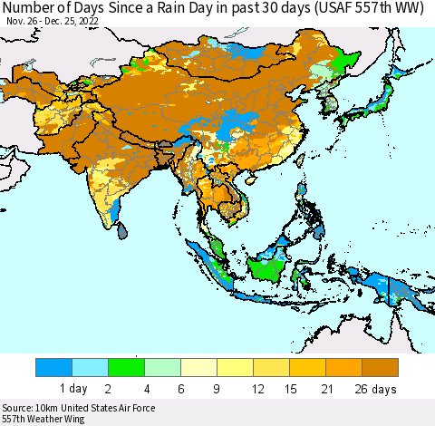 Asia Number of Days Since a Rain Day in past 30 days (USAF 557th WW) Thematic Map For 12/21/2022 - 12/25/2022
