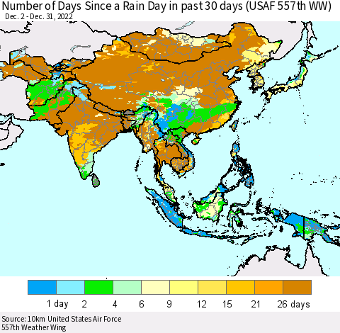 Asia Number of Days Since a Rain Day in past 30 days (USAF 557th WW) Thematic Map For 12/26/2022 - 12/31/2022
