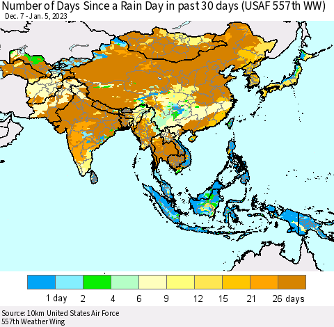 Asia Number of Days Since a Rain Day in past 30 days (USAF 557th WW) Thematic Map For 1/1/2023 - 1/5/2023