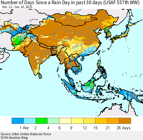 Asia Number of Days Since a Rain Day in past 30 days (USAF 557th WW) Thematic Map For 1/6/2023 - 1/10/2023