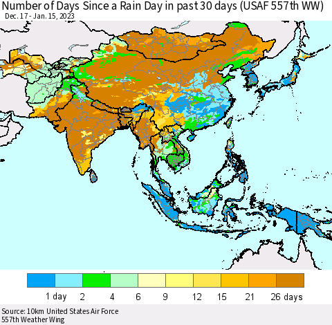 Asia Number of Days Since a Rain Day in past 30 days (USAF 557th WW) Thematic Map For 1/11/2023 - 1/15/2023
