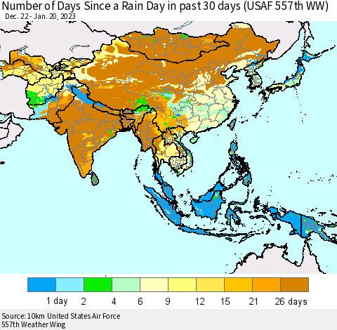 Asia Number of Days Since a Rain Day in past 30 days (USAF 557th WW) Thematic Map For 1/16/2023 - 1/20/2023