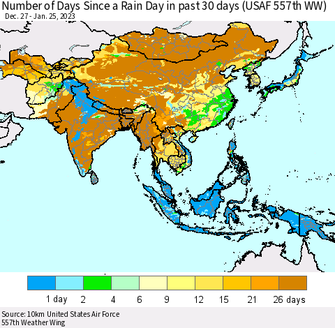 Asia Number of Days Since a Rain Day in past 30 days (USAF 557th WW) Thematic Map For 1/21/2023 - 1/25/2023