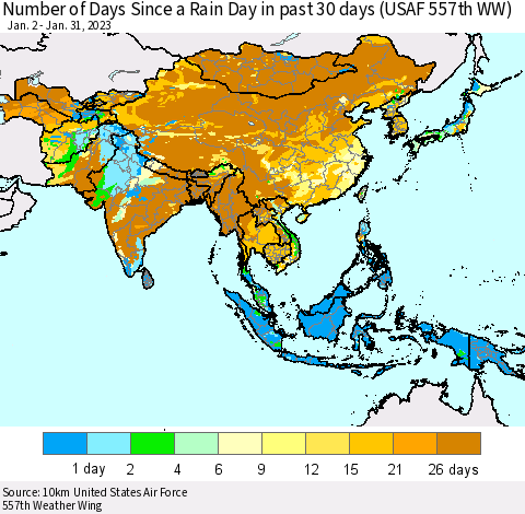 Asia Number of Days Since a Rain Day in past 30 days (USAF 557th WW) Thematic Map For 1/26/2023 - 1/31/2023