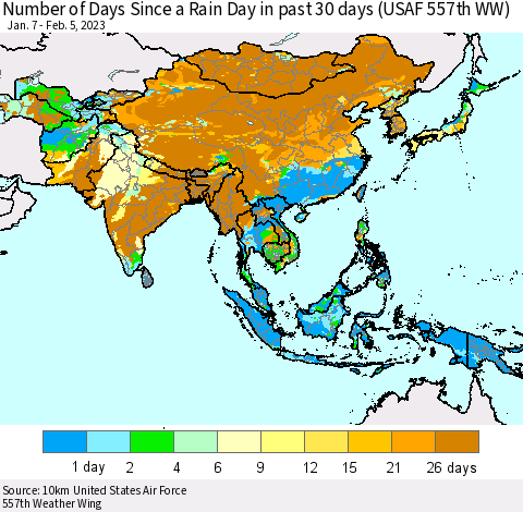 Asia Number of Days Since a Rain Day in past 30 days (USAF 557th WW) Thematic Map For 2/1/2023 - 2/5/2023