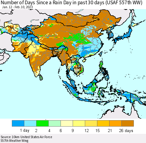 Asia Number of Days Since a Rain Day in past 30 days (USAF 557th WW) Thematic Map For 2/6/2023 - 2/10/2023
