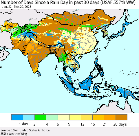 Asia Number of Days Since a Rain Day in past 30 days (USAF 557th WW) Thematic Map For 2/16/2023 - 2/20/2023
