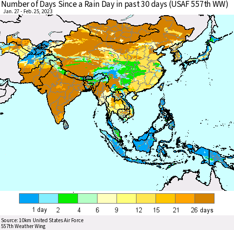 Asia Number of Days Since a Rain Day in past 30 days (USAF 557th WW) Thematic Map For 2/21/2023 - 2/25/2023